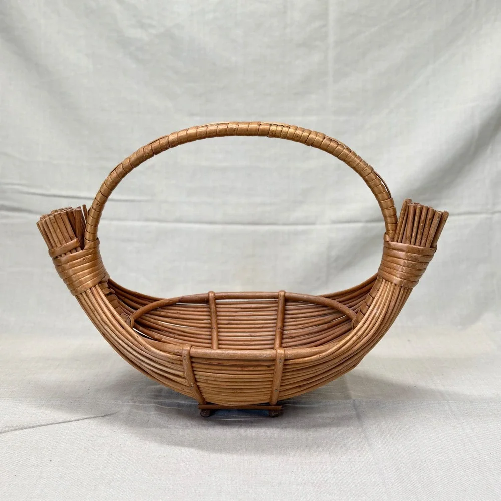 Vintage Bentwood Rattan Basket Boho Woven Wicker Fruit Flower Basket with Handle